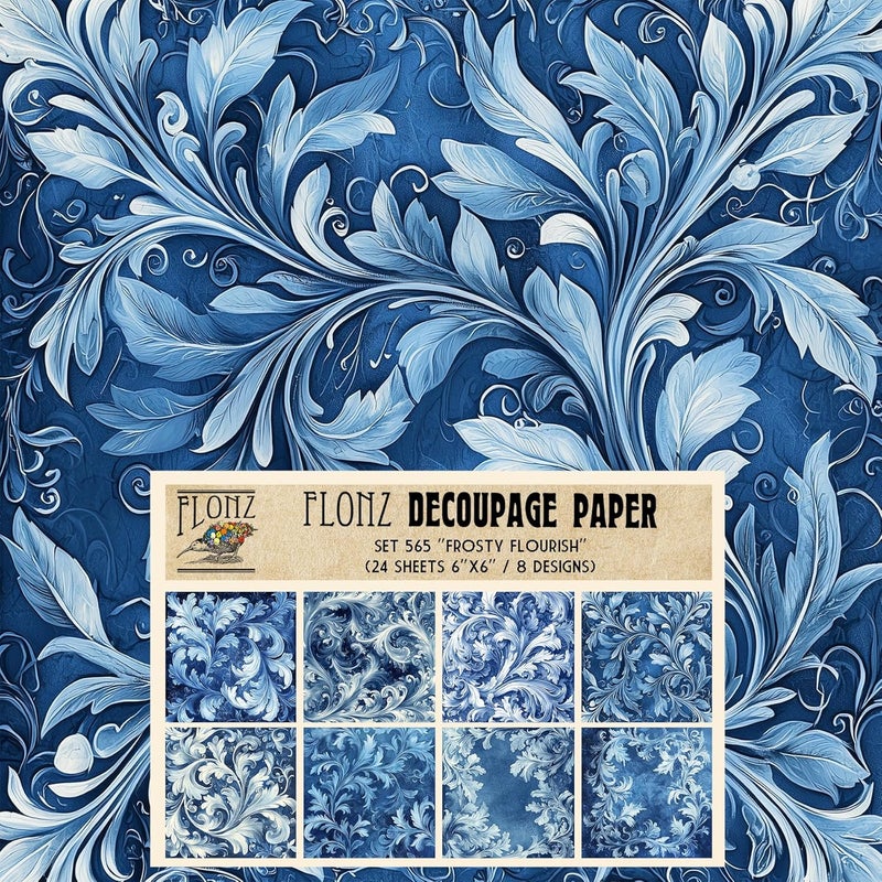 Decoupage Paper Pack (24 Sheets 6"x6") Frosty Flourish: Whimsical Leaf Patterns for Cool and Stylish Crafting Projects # Vintage Styled Paper for Craft and Scrapbooking